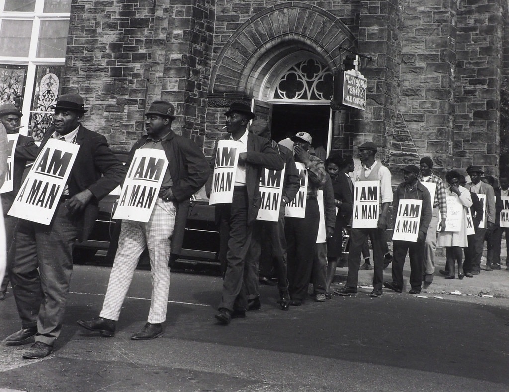 Ernest C. Withers, Sanitation workers assemble in front of Clayborn Temple for a solidarity march, Memphis, TN, March 28, 1968