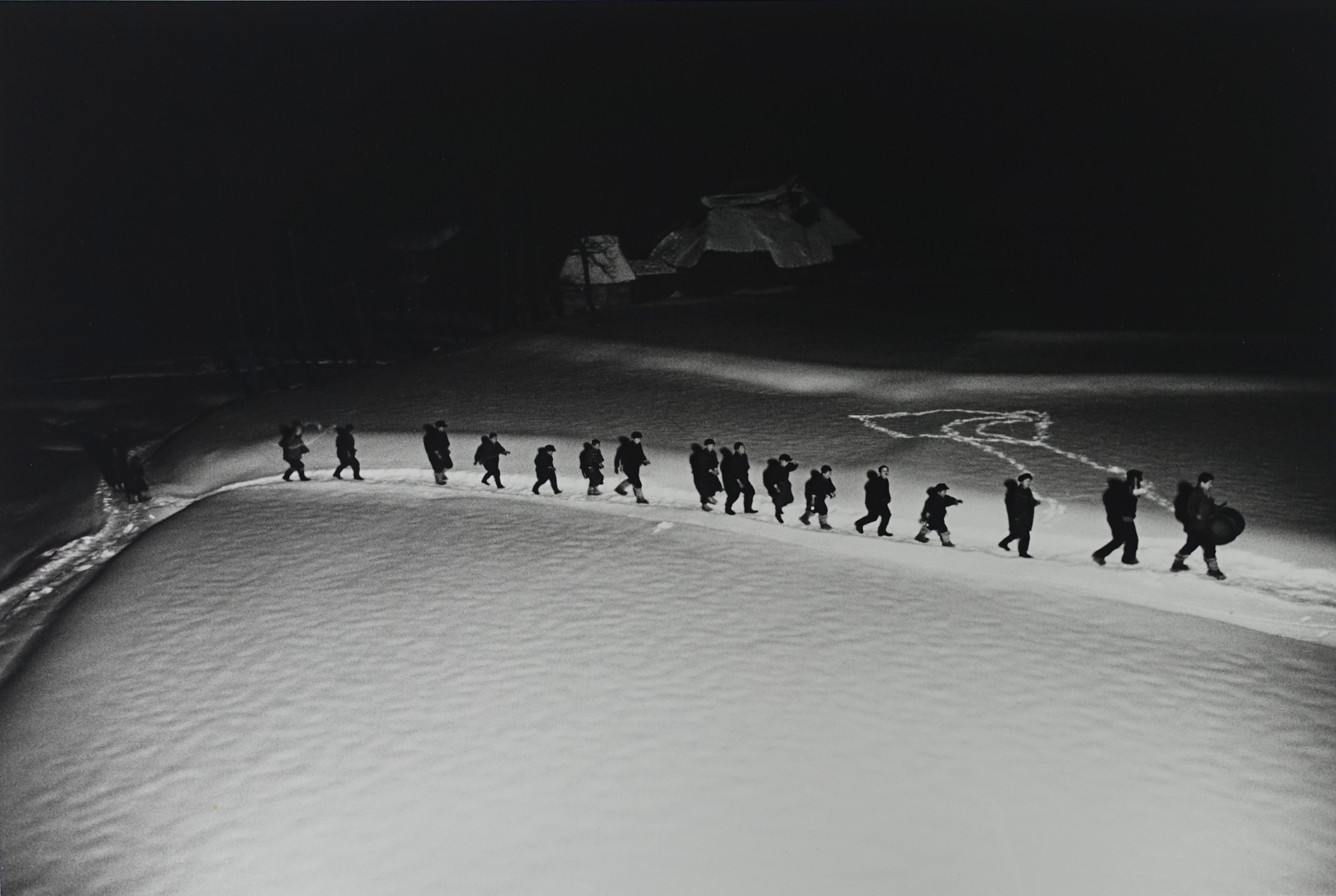 Hiroshi Hamaya, Boys singing to drive away harmful birds, Niigata, from the series Snow Country , 1948