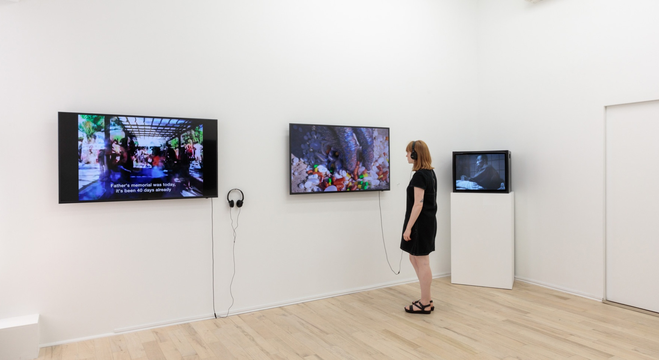 Installation view of How Does This Make You Feel?, Ja’Tovia Gary, Shigeko Kubota, Hunter Reynolds, Erica Scourti, at Hales Project Room, New York