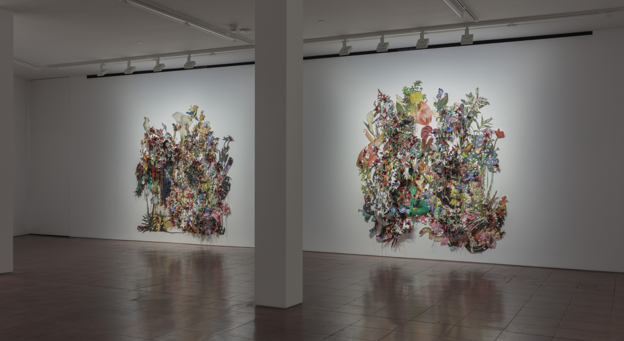Installation view of Ebony G. Patterson, ... to dig between the cuts, beneath the leaves, below the soil… at Hales New York