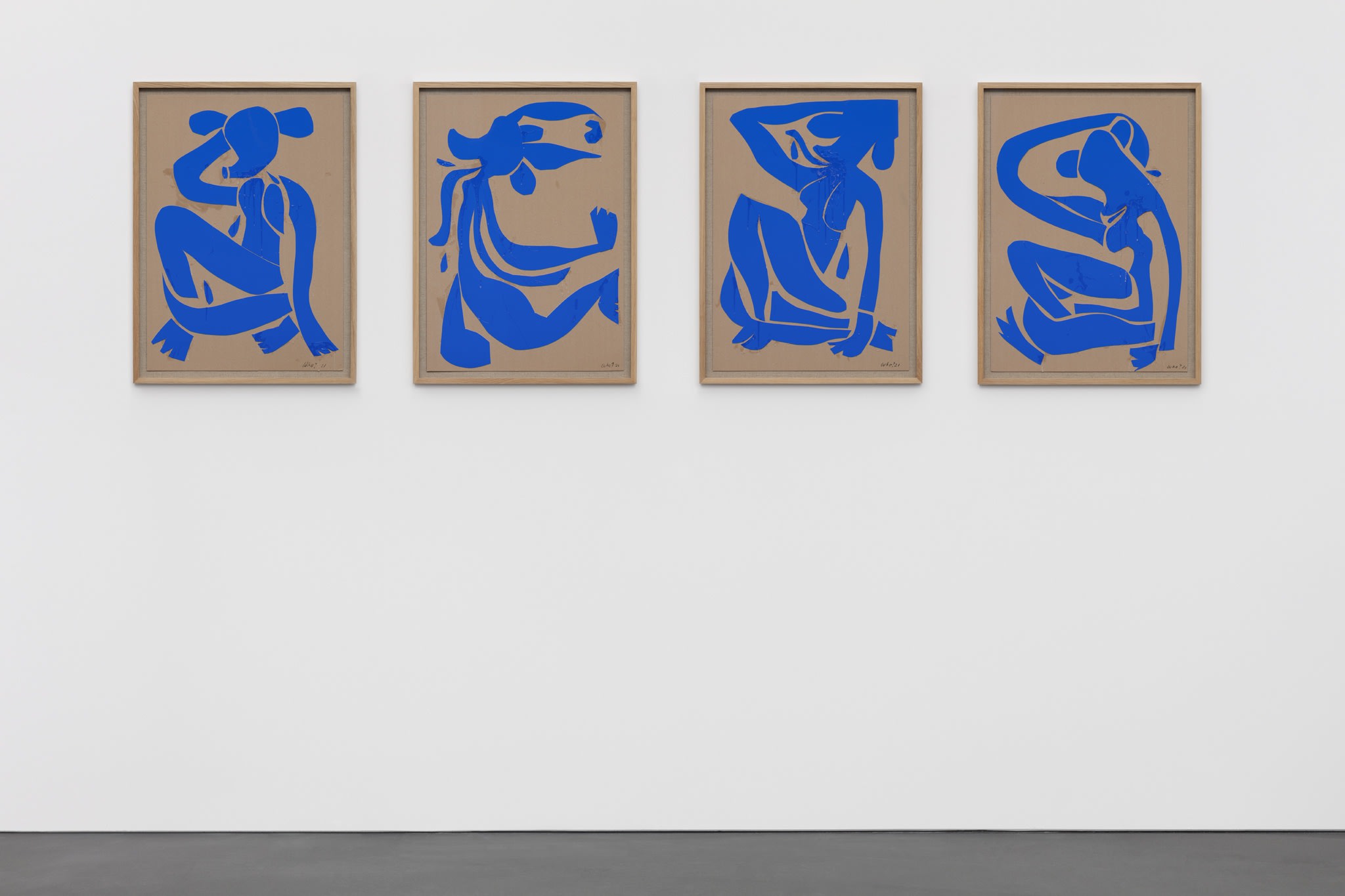 From left to right: Who’s Nude? I (SF 229), Who’s Nude? II (SF 260), Who’s Nude? III (SF 261), Who’s Nude? IV (SF 262), all works: 2021, cardboard, colored paper and glue on canvas, 76,5 x 56,6 x 3,5 cm (30 1/8 x 22 1/4 x 1 3/8 in) each (framed). Exhibition view: Simon Fujiwara, Once Upon a Who?, Esther Schipper, Berlin (2022). Photo © Andrea Rossetti