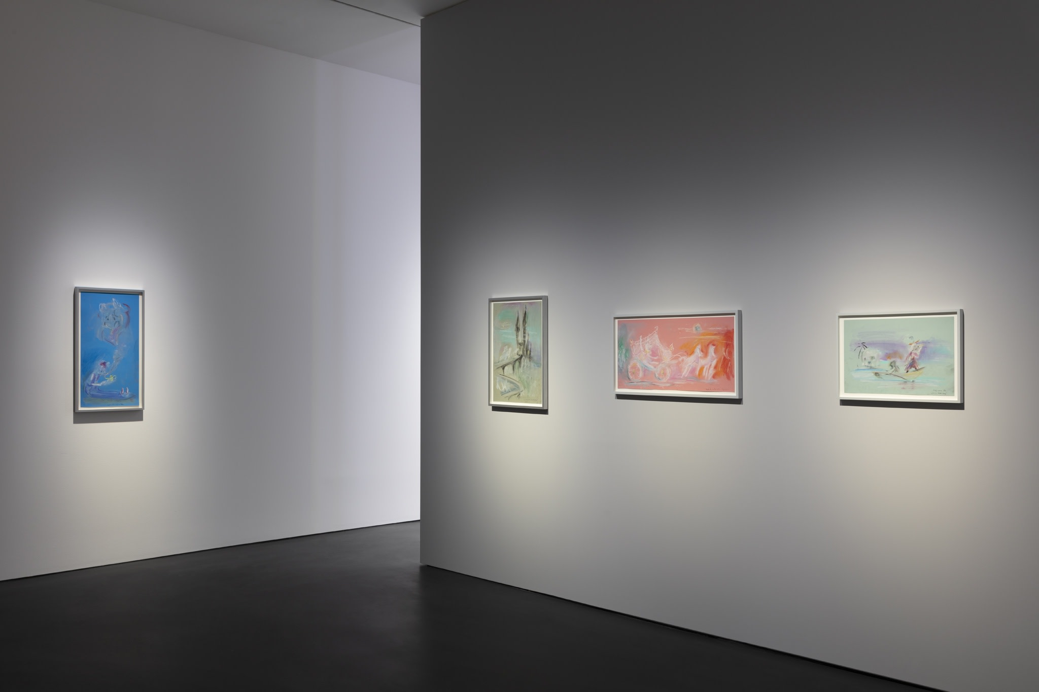 From left to right: Aladdin Who Makes a Wish?, 2022, pastel on paper, 86,5 x 46,5 x 3,5 cm (34 1/8 x 18  x 1 3/8 in) (framed) (SF 257); Who’s a Knight in Shining Armour?, 2022, pastel on paper, 71,5 x 51,5 x 3,5 cm (28 1/8 x 20 1/4 x 1 3/8 in) (framed) (SF 258); Cinderella Who on Their Way To...?, 2022, pastel on paper, 46,5 x 86,5 x 3,5 cm (18 1/4 x 34 1/8 x 1 3/8 in) (framed) (SF 255); Who’s the Pirate of Skull Bay?, 2022, pastel on paper, 42 x 58,4 x 3,5 cm (16 1/2 x 23 x 1 1/8 in) (framed) (SF 256). Exhibition view: Simon Fujiwara, Once Upon a Who?, Esther Schipper, Berlin (2022). Photo © Andrea Rossetti
