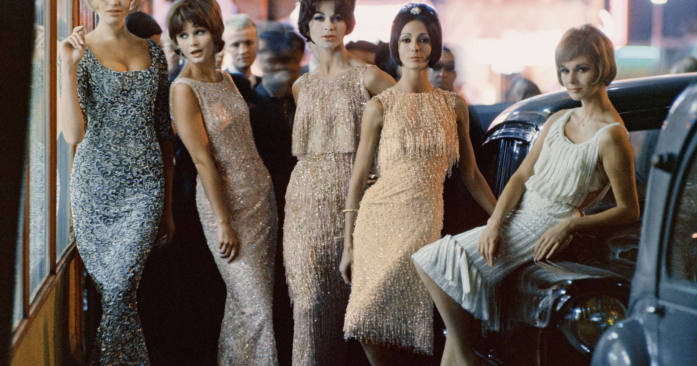 Mark Shaw, Dior Book Mod Girls in Sequined Dresses at Night