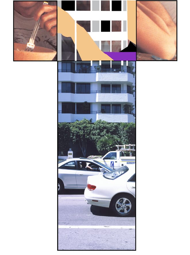 John Baldessari, The Intersection Series: Person Eating (with Fork) and Knee (Bent)/High Rise Building, 2002