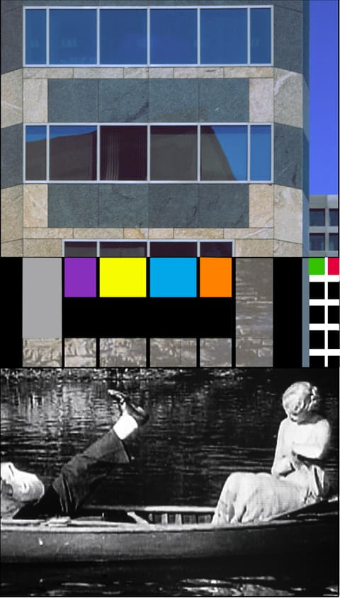John Baldessari, Overlap Series: Building/Two Persons (One with Leg Outstretched), 2002