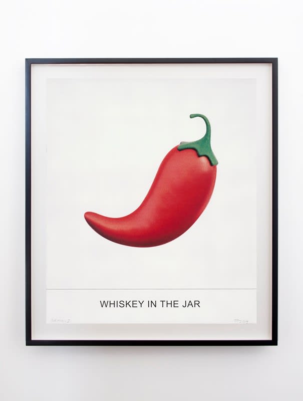 A screenprint of a red pepper with the text 'WHISKEY IN THE JAR" by John Baldessari