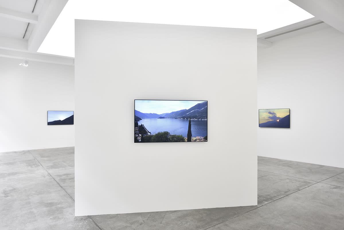 Gallery installation image of three screens depicting nature scenes. 