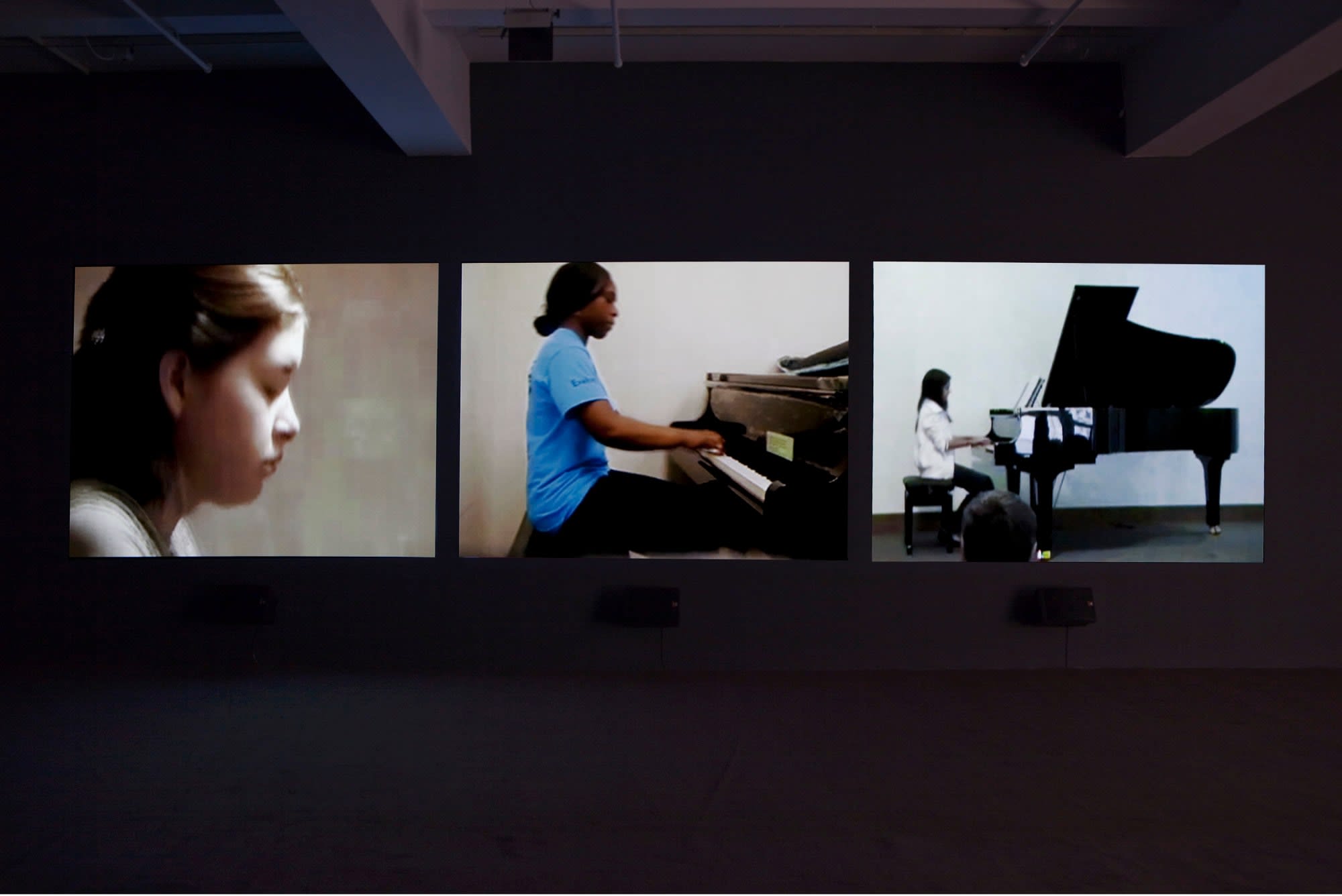 Three screen video still of three different people playing the piano.