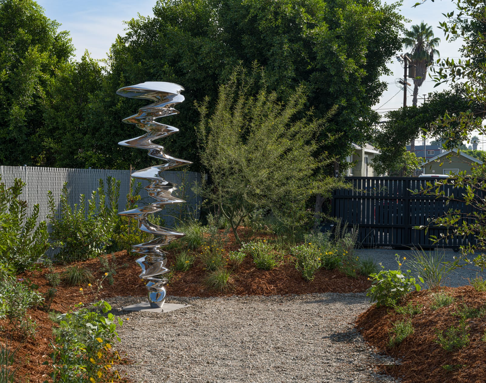 silver sculpture by Tony Cragg in the garden at Marian Goodman Gallery Los Angeles