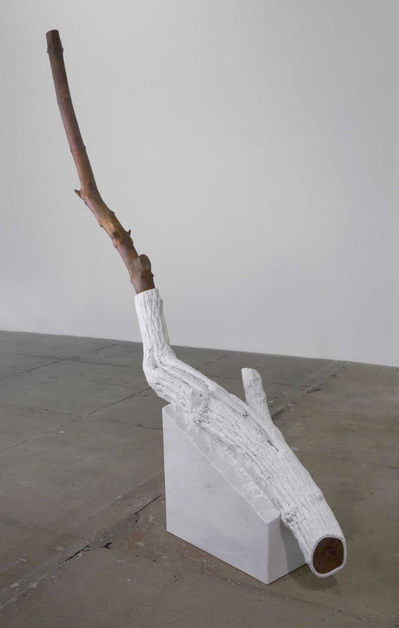 Gallery view of a tree branch, half of which is natural wood, the other half painted white. The object is set on a marble triangle.