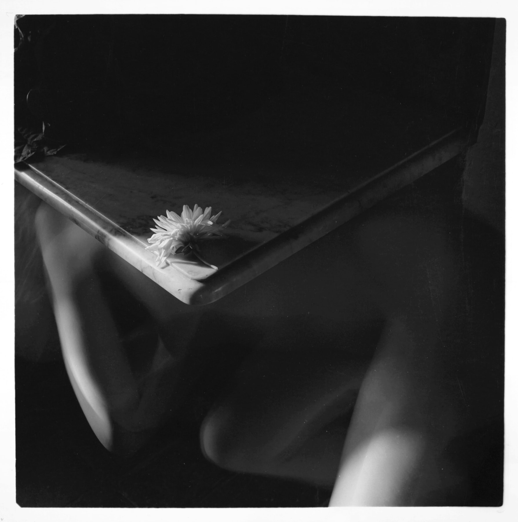 Black and white photograph of a single flower on the corner of a marble table, with a nude figure below the table. 