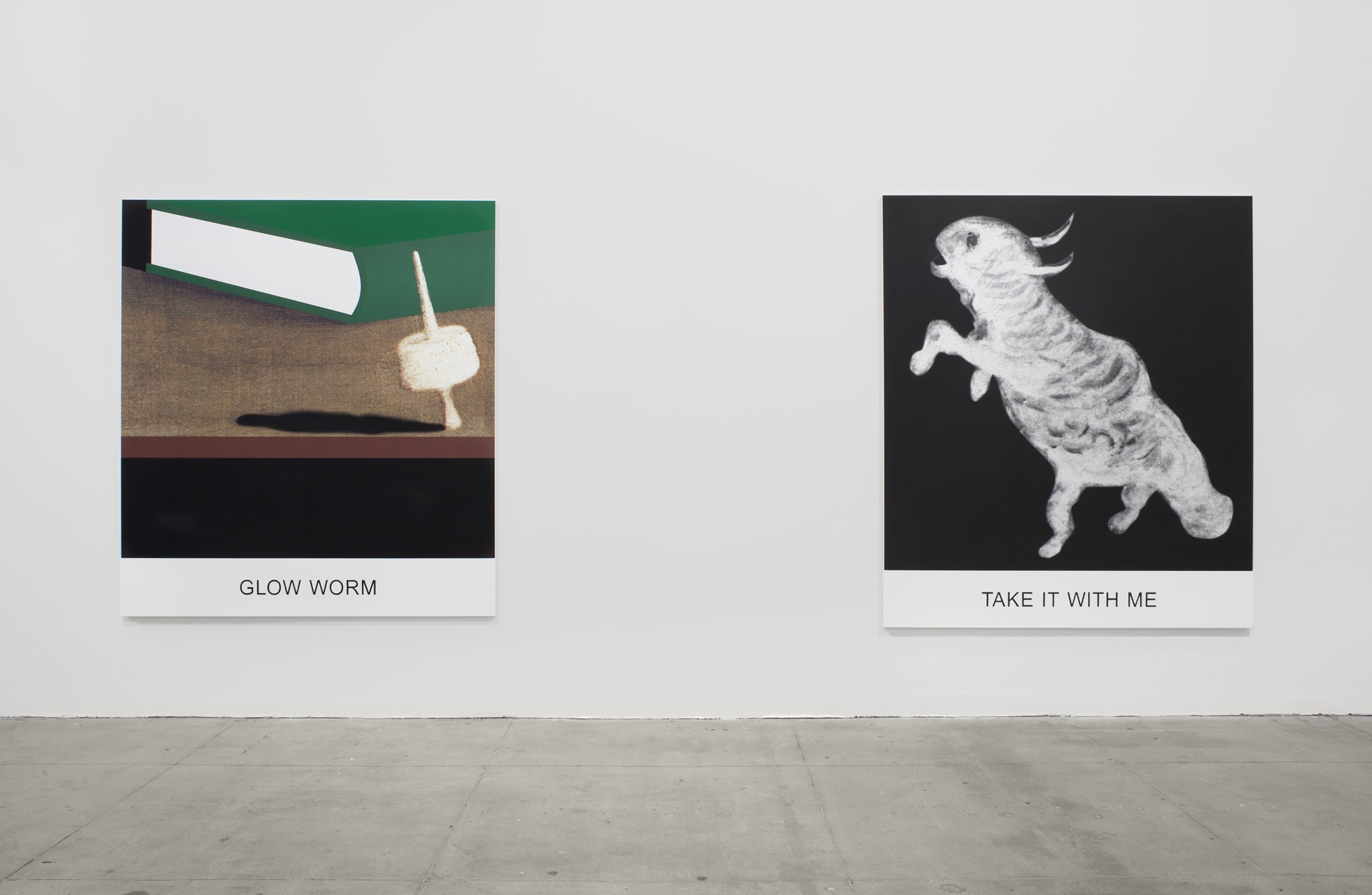 Two prints on canvas: 1-a green book behind an impaled marshmallow, 2-a white hybrid animal