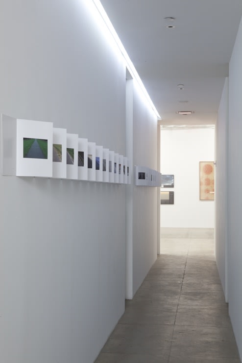 Multiple photographs line the left side of a hallway in a book-style format. 