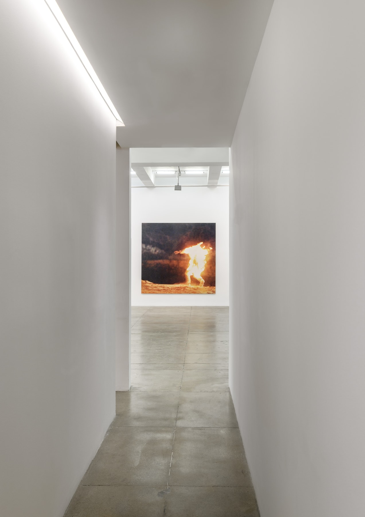 A large photograph of a person set on fire is visible at the end of a long white hallway. 