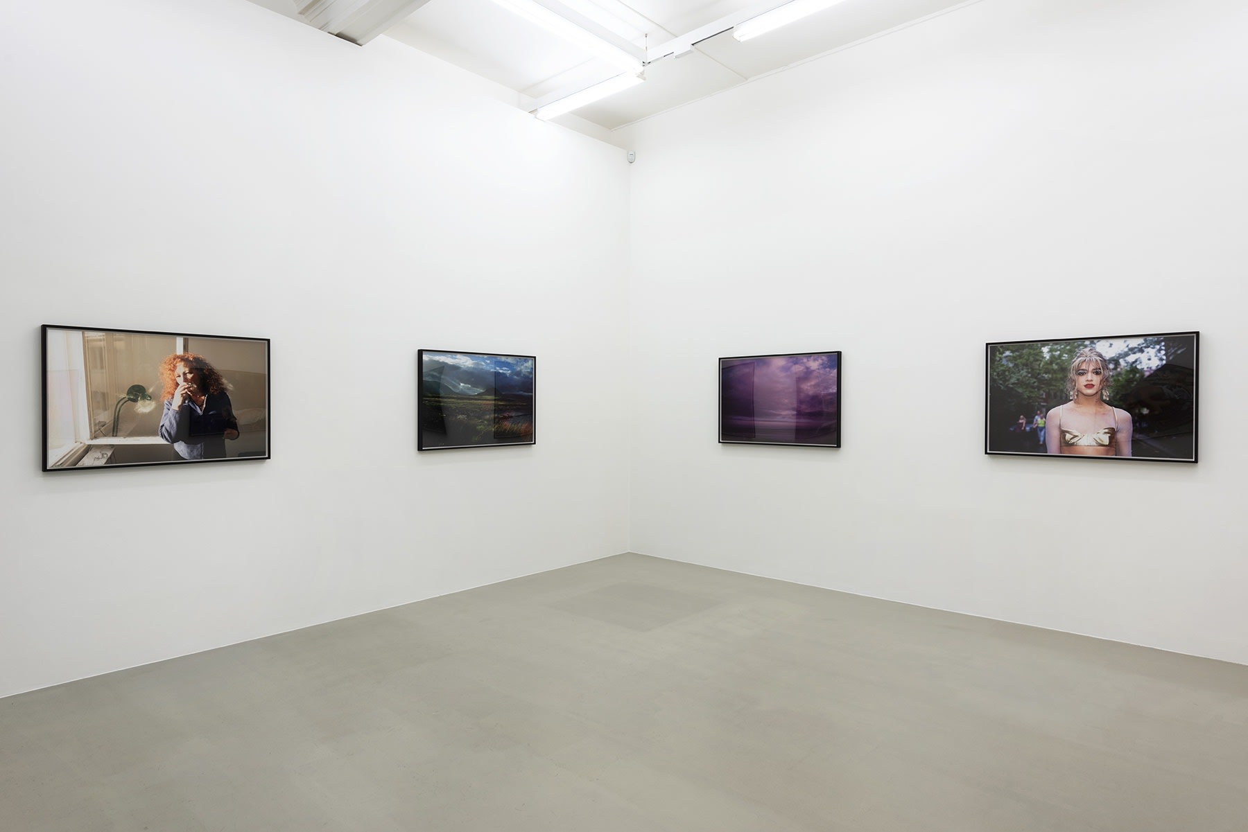 4 colorful photographs hang in a white gallery space.
