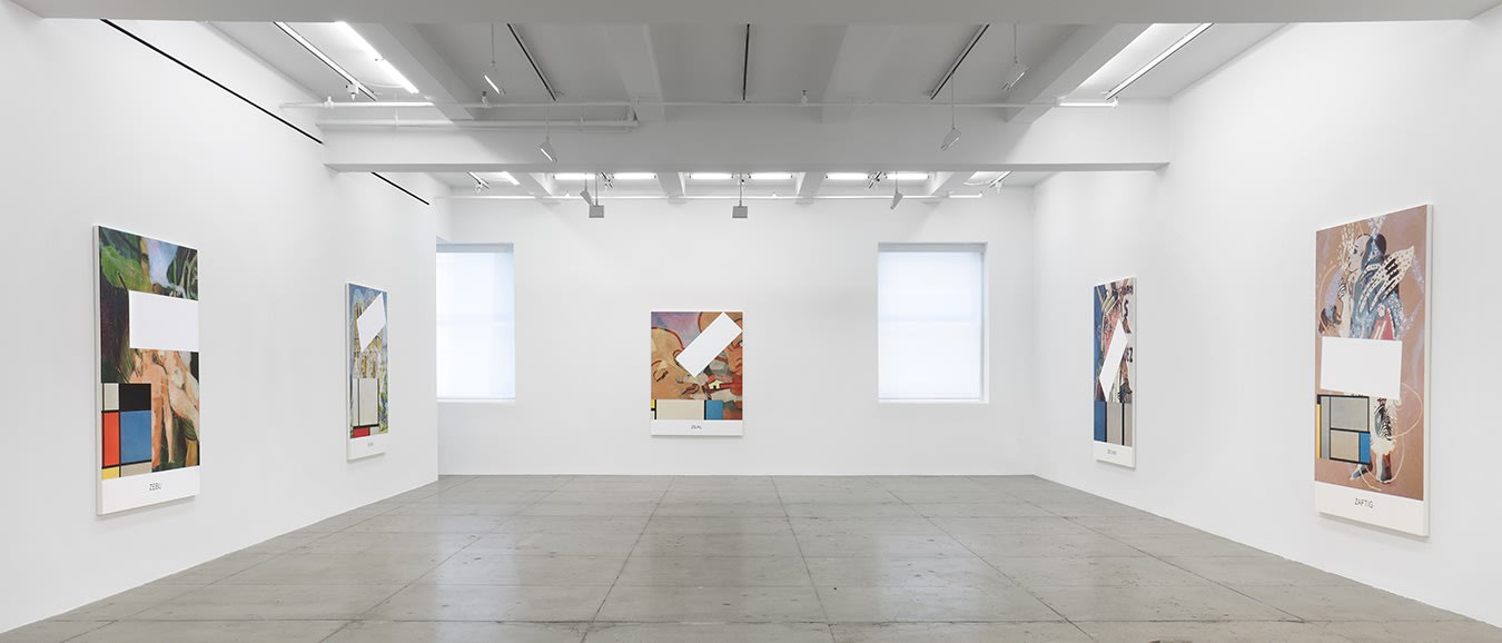 5 large paintings with figures and geometric shapes hang on 3 walls of a gallery space. There are 2 windows on the far wall.