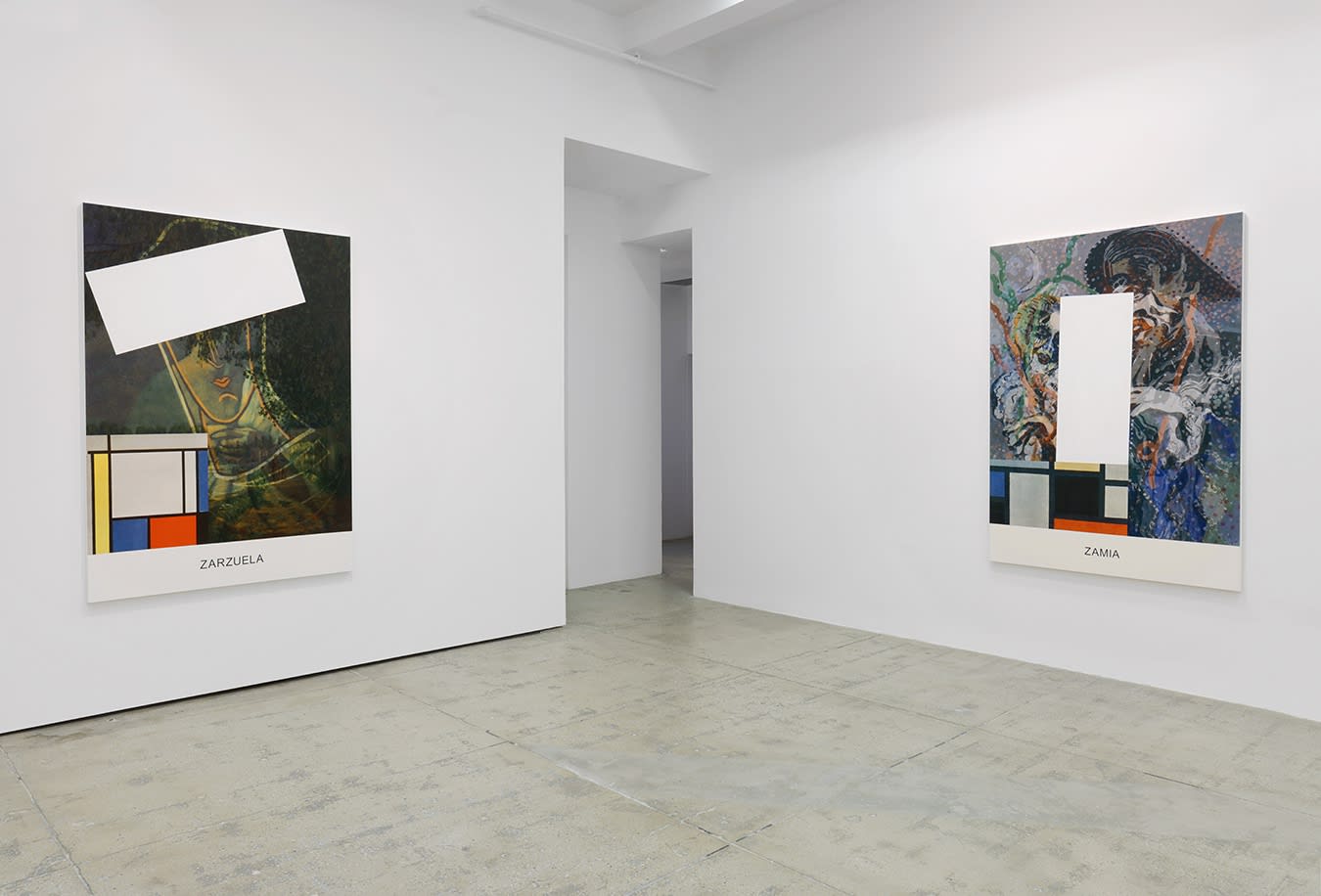 2 large colorful paintings with text and geometric shapes hang in a white gallery space.