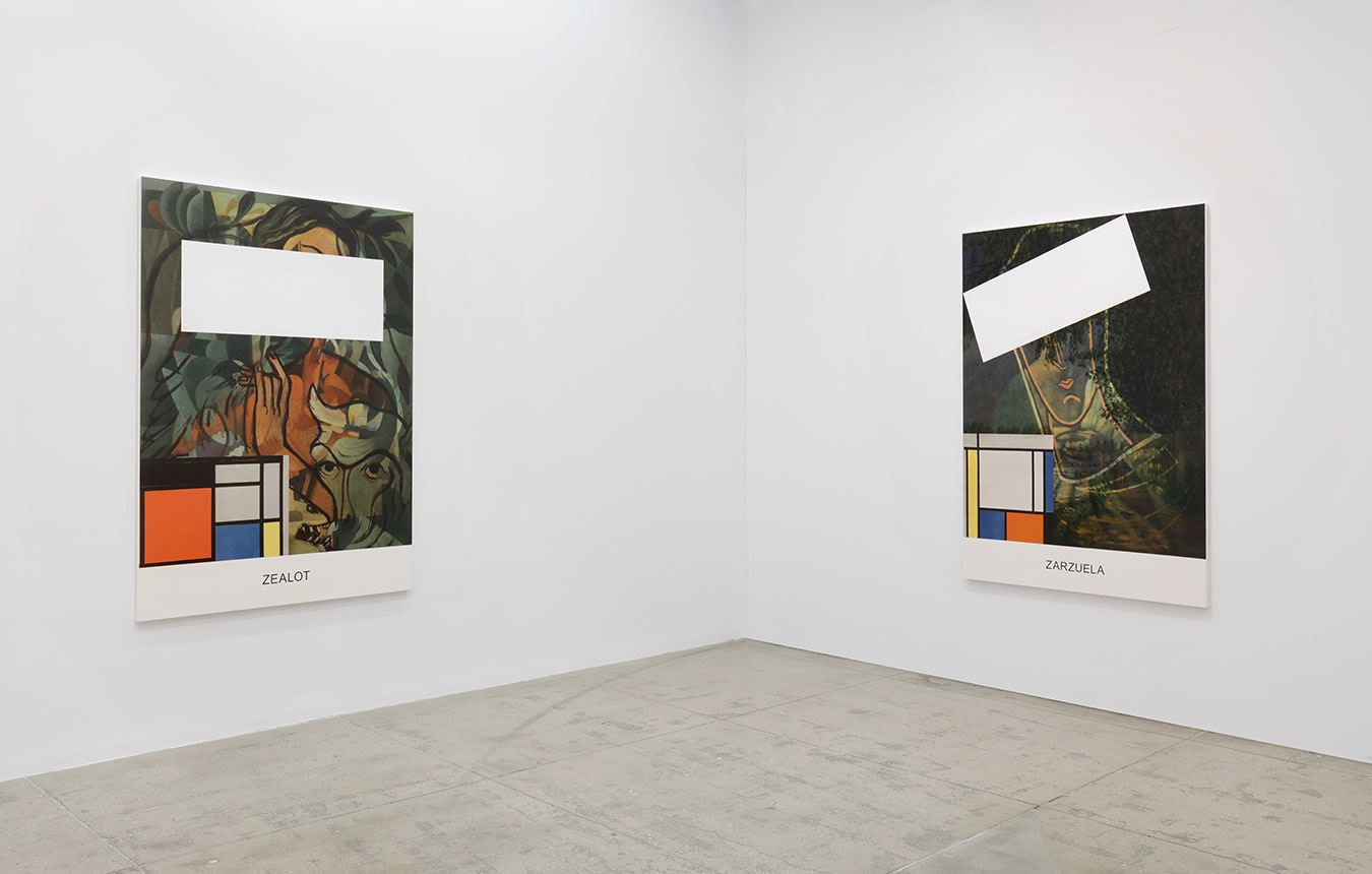Two paintings hang in the corner of the gallery. Both have small Mondrian-like images in the lower quadrant and figures overlapping landscapes in the background.