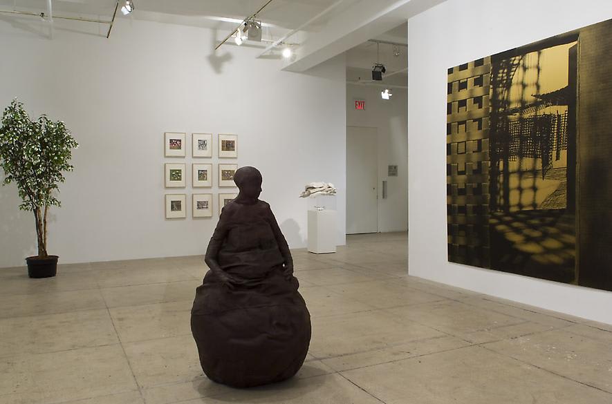 An installation view of two sculptures, 9 framed photographs, a plant and a large canvas in a white gallery space.