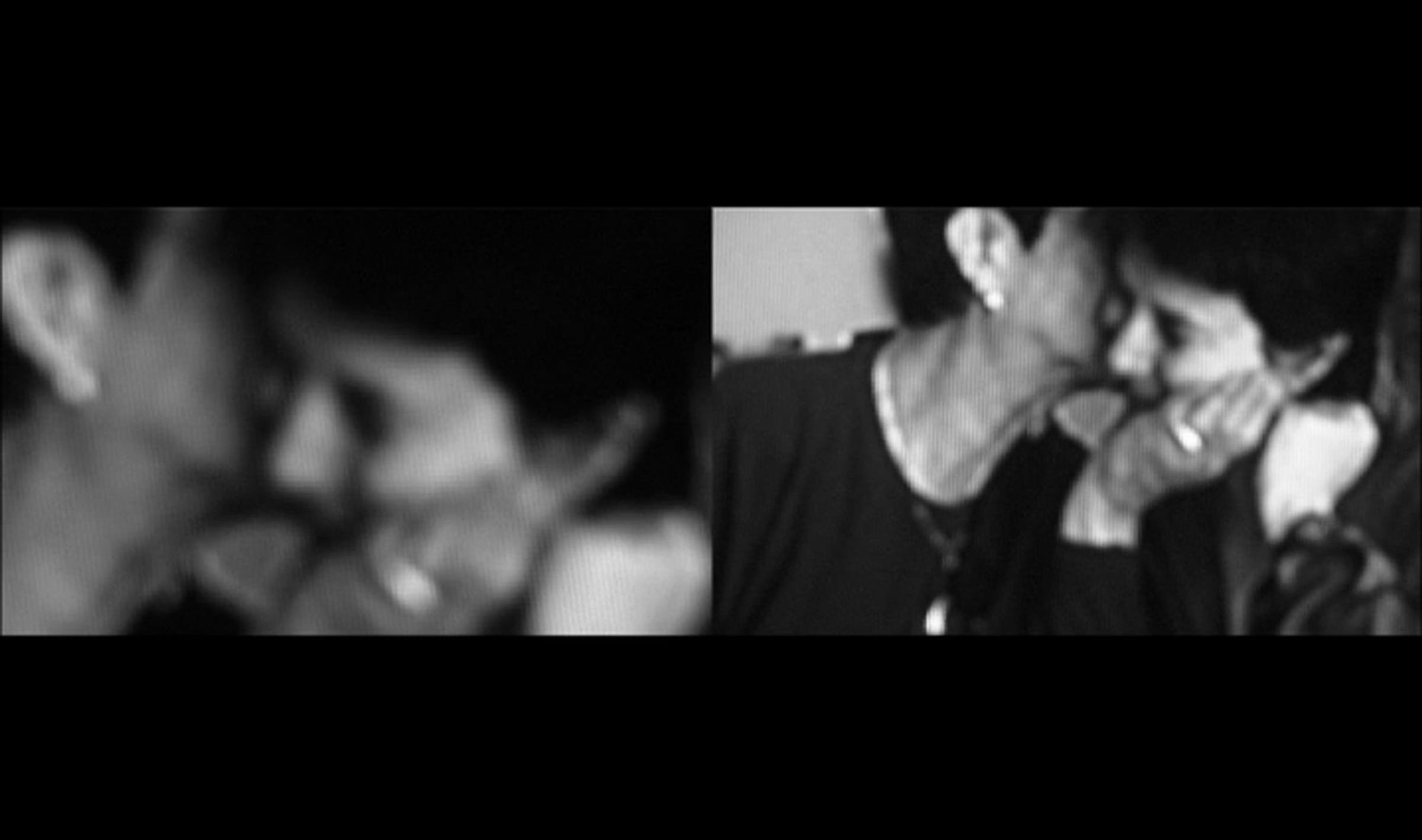 2 black and white images side by side of a woman kissing another woman's cheek. 