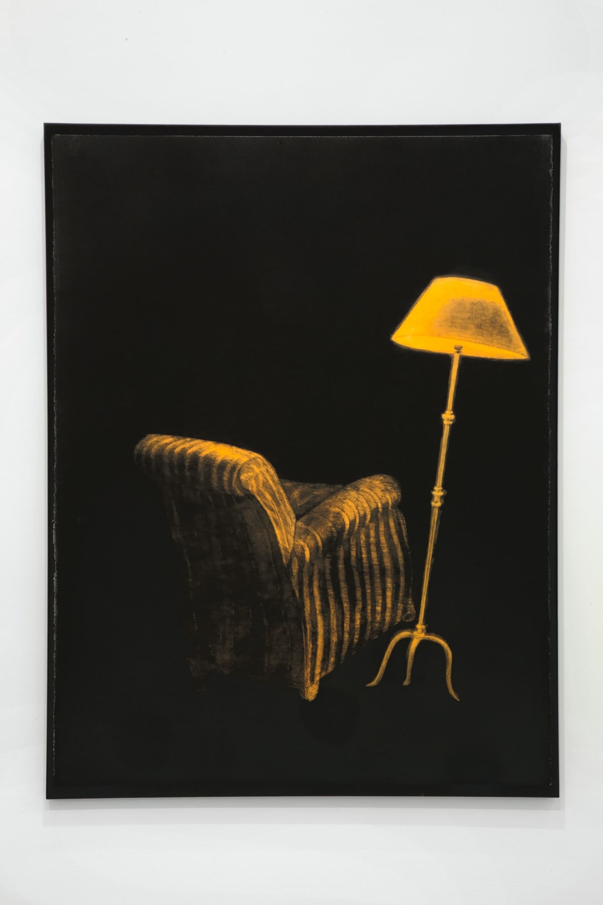 Painting of yellow arm chair and yellow lamp in a black background