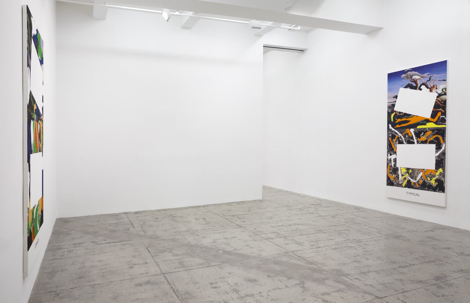 2 paintings partially covered with white rectangles hanging in a gallery space.