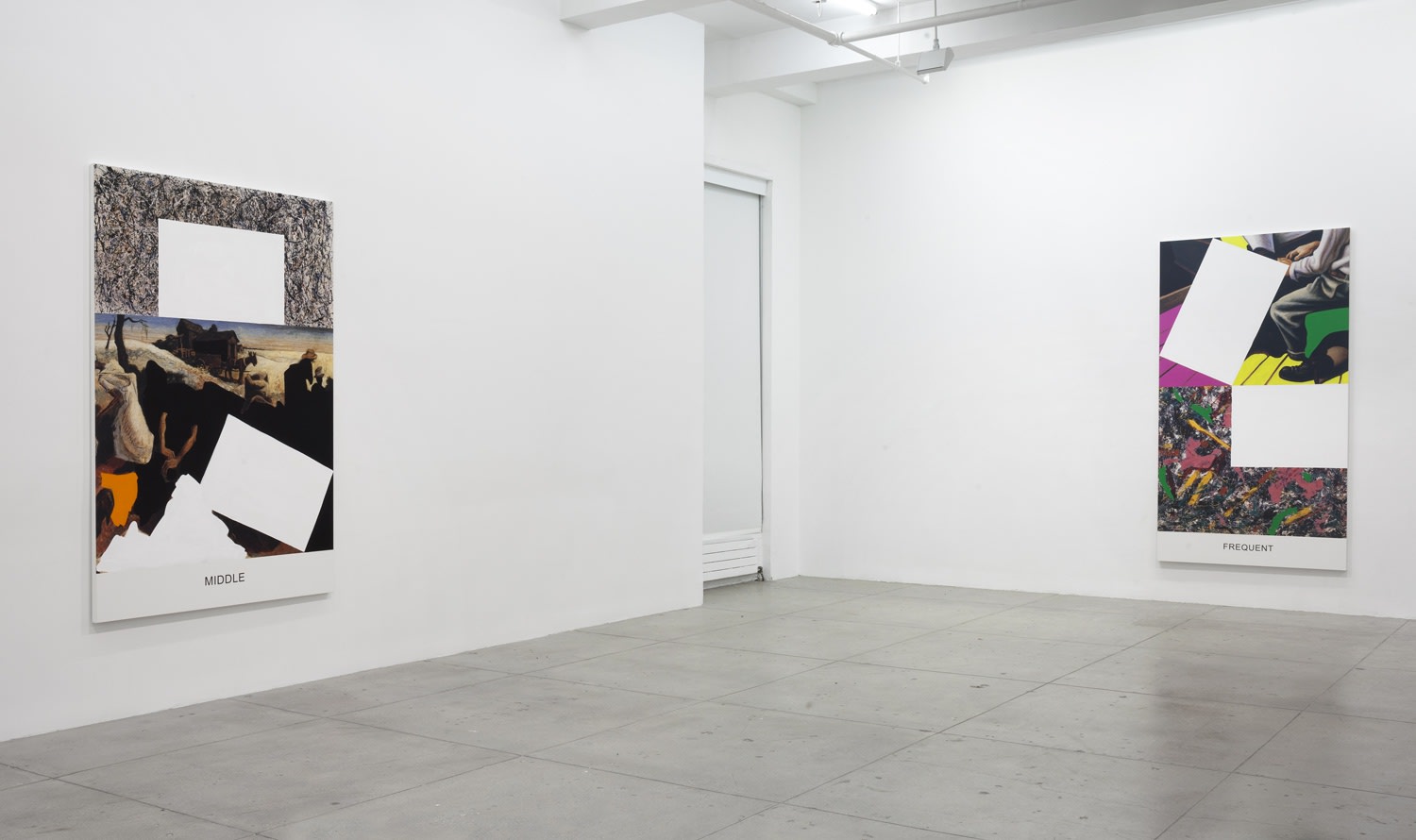 2 paintings partially covered with white rectangles hanging in a gallery space.