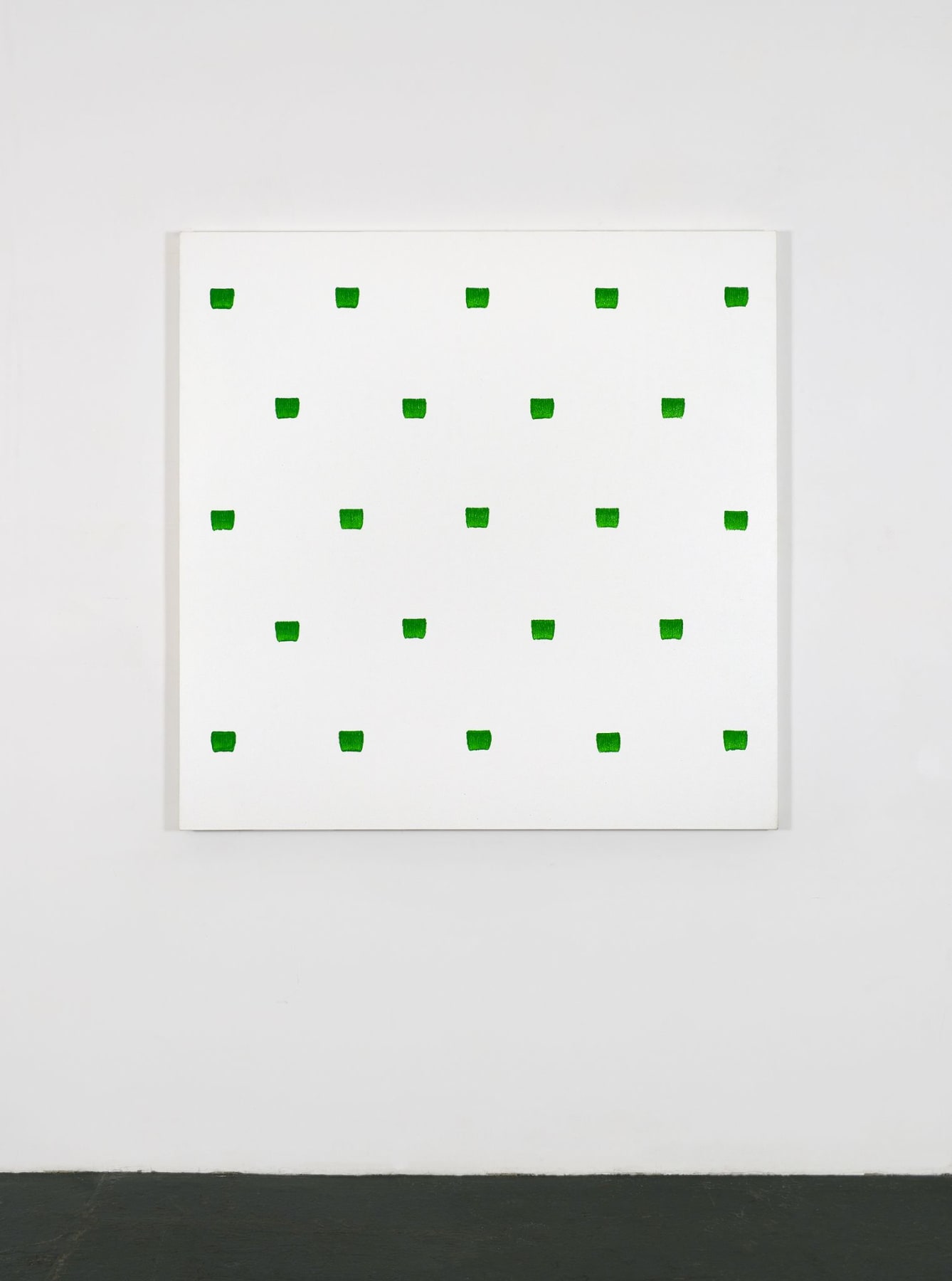 Square white canvas features equidistant green brush marks.