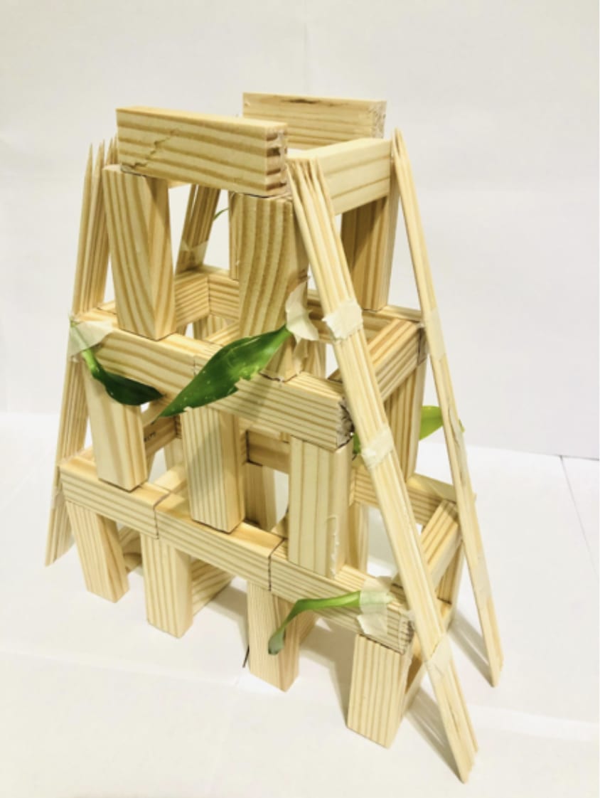 A small geometric sculpture with assembled wooden pieces and green leaves