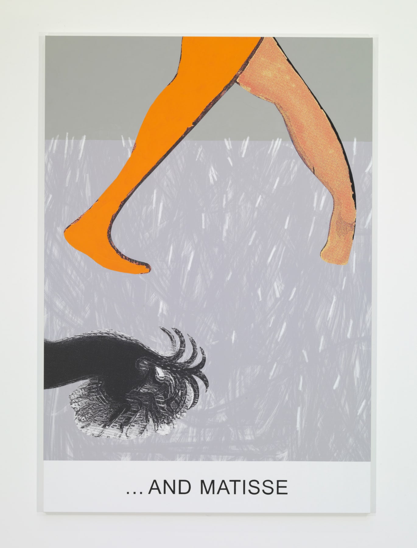 A painting of orange legs and a black animal in motion is above the words "...AND MATISSE".