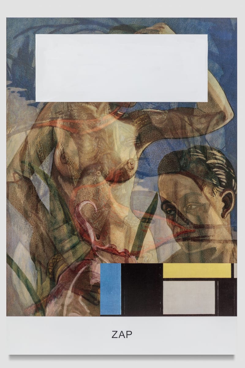 A painting of a nude woman and a man's face, partially blocked by geometric shapes, are above the word "ZAP".