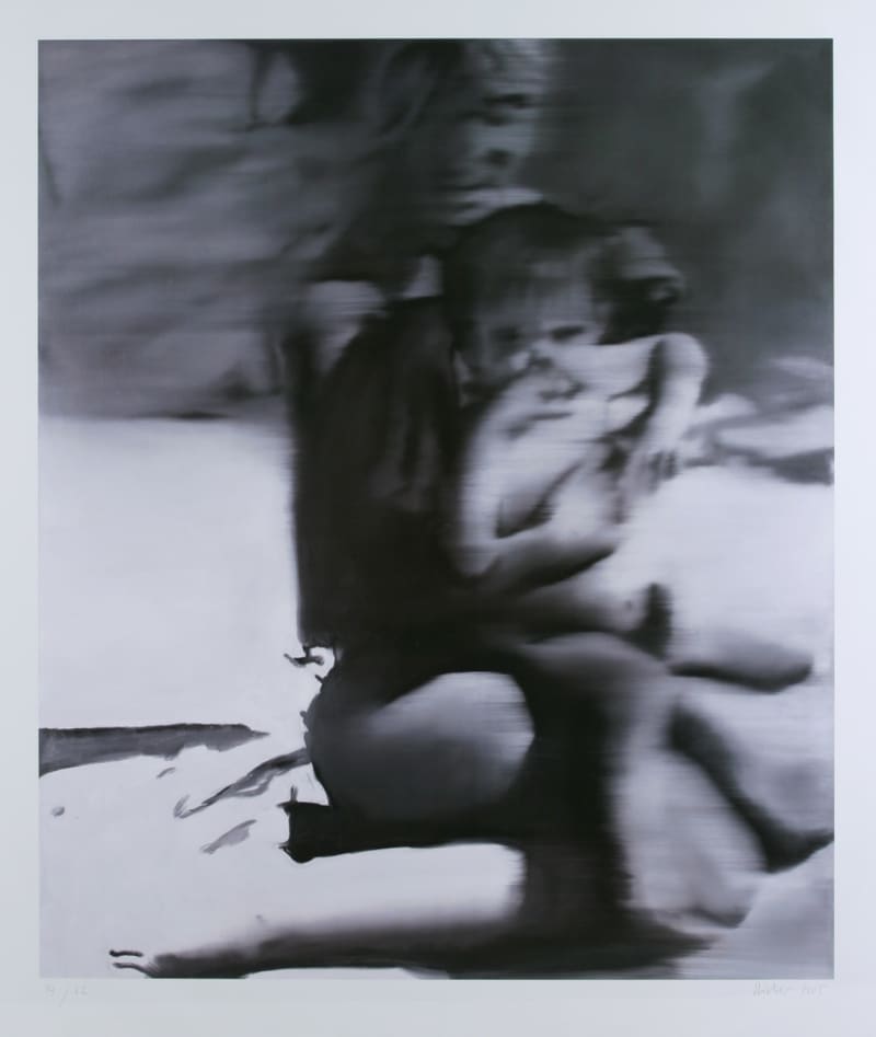 A blurred black and white painting of a mom and son at the beach.