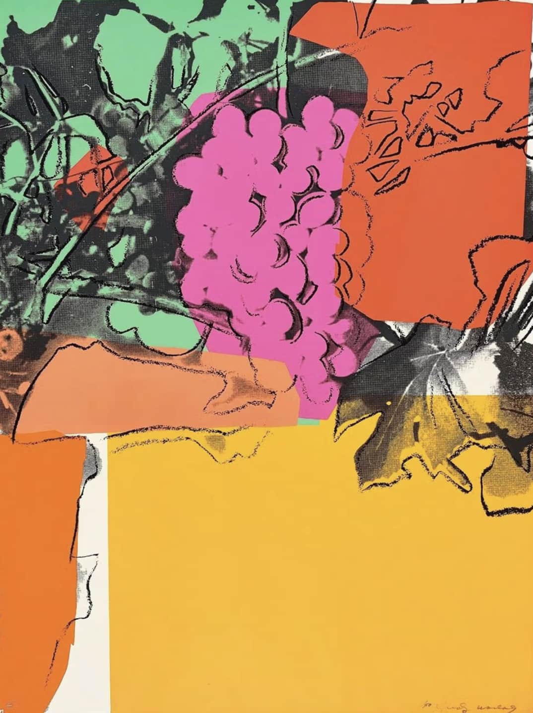 A pink and red image of grapes from the Andy Warhol “Grapes’ series highlights the benefits of investing in art as the best alternative investment.