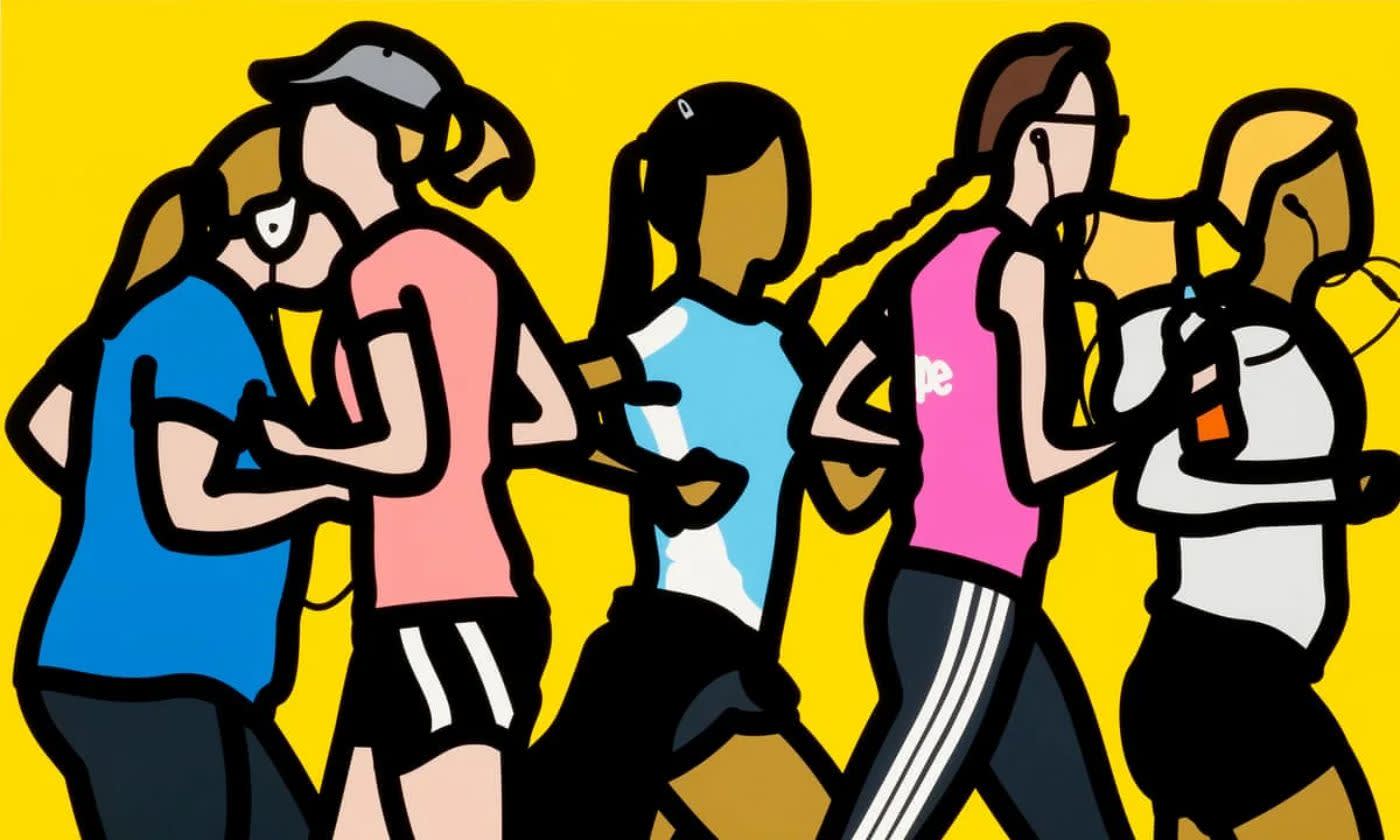 This flat design artist's print of runners uses thick black lines and bright flat colour, bridging the gap between fine art and graphic design.