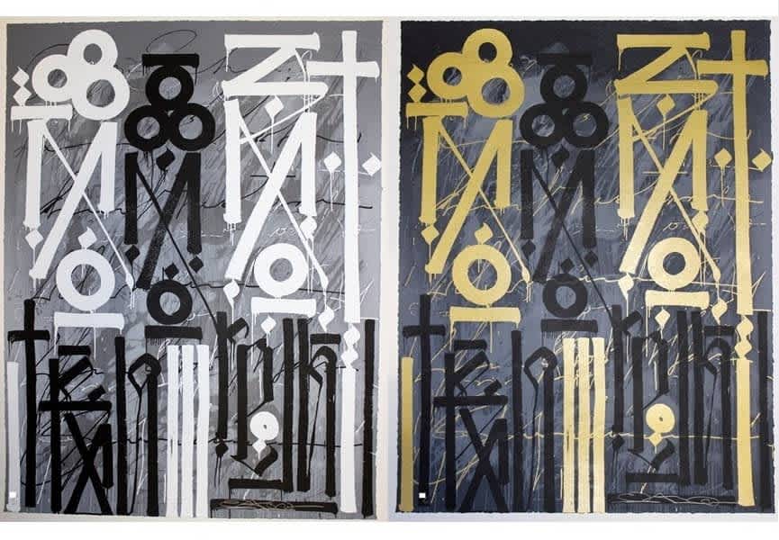 One of the most recognised urban calligraphy artists, RETNA, uses gold, black, and white symbolic script layered over textured grey backgrounds to create this work titled, Eastern Realm.