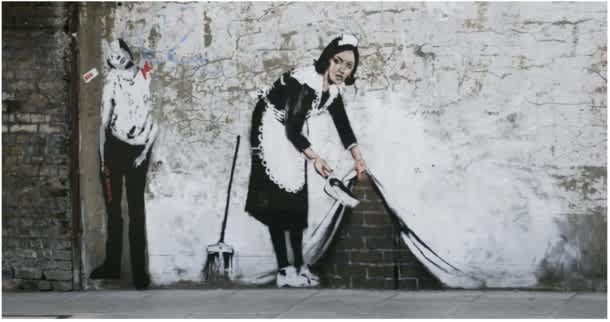 This Mural of Banksy, Sweep It Under The Carpet (2006), in Camden has a Banksy Pest Control certificate of authenticity