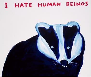 David Shrigley’s witty art print shows a Badger, with the title in scrawled text: I Hate Humans (Bagder)