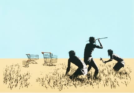 This funny Banksy art piece, 'Trolleys,' shows two men hunting with spears - their prey - trolley carts, reflecting society’s reliance on mass consumerism.