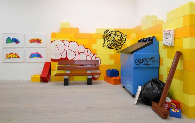 Priest, artist and anonymous disruptor, created this Lego-inspired graffiti artwork installation at Saatchi Gallery in 2023.