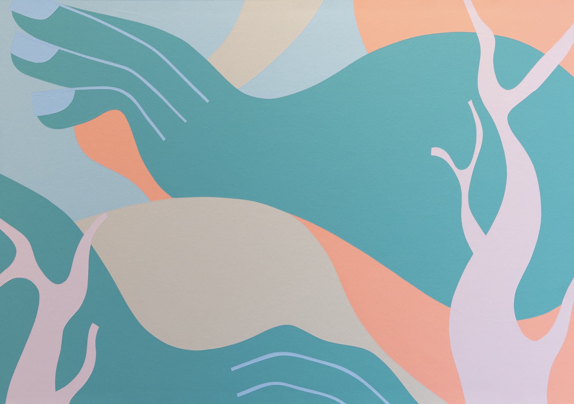This Deborah Segun art work titled Human Nature (2024) shows soft flowing shapes in pastel colours, in her signature feminine artwork style.