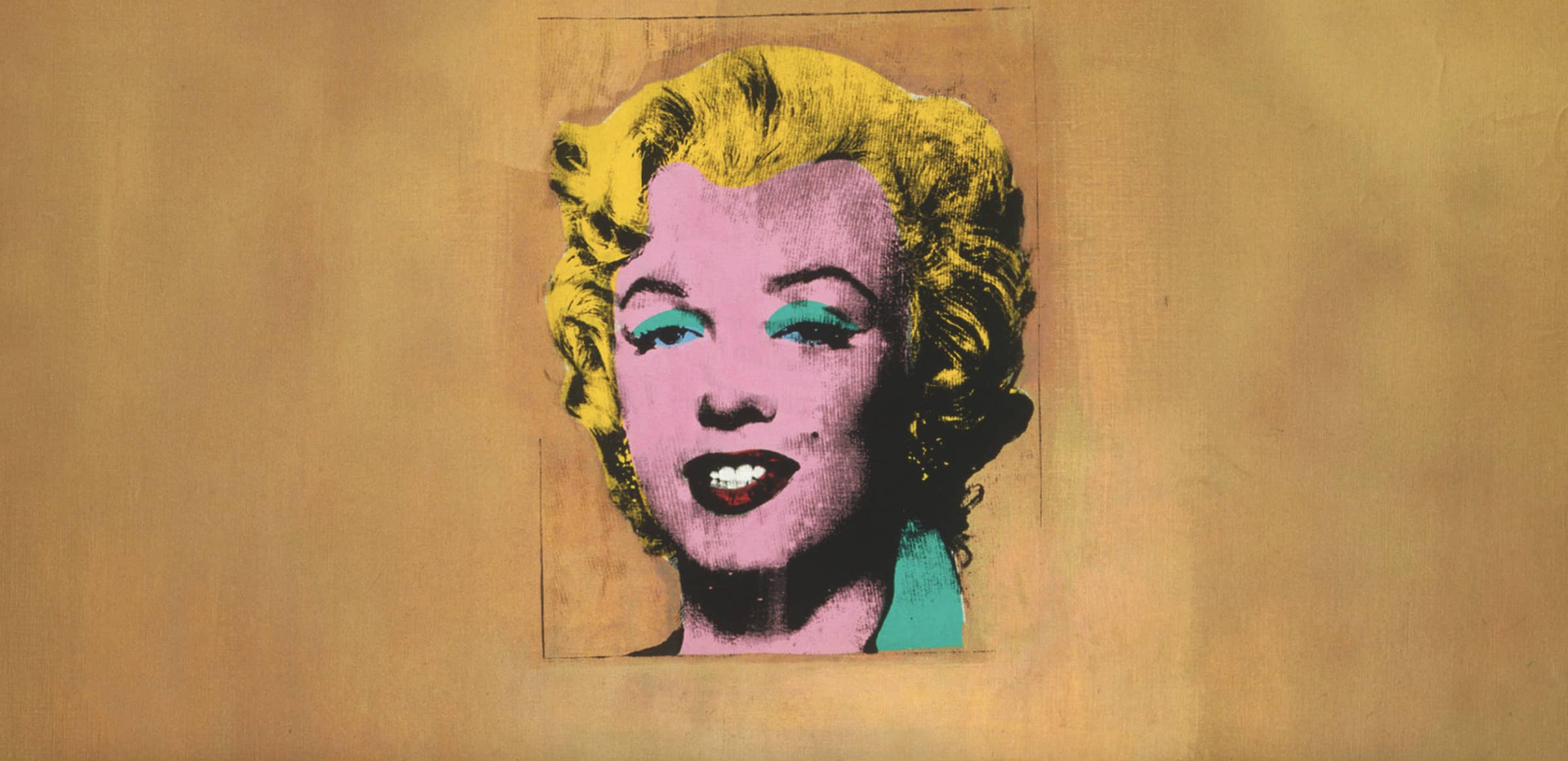 An Andy Warhol Marilyn Monroe portrait hangs on a gold wall. This fine art investment will outshine gold alternative investment over time.