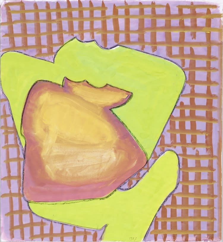 Maria Lassnig Ohne Titel, 1987 Gouache and chalk on paper Image Dimensions: 54.6 x 50.2 cm / 21.5 x 19.8 inches Framed Dimensions: 64 x 59.5 x 4 cm / 25.2 x 23.4 x 1.6 inches
