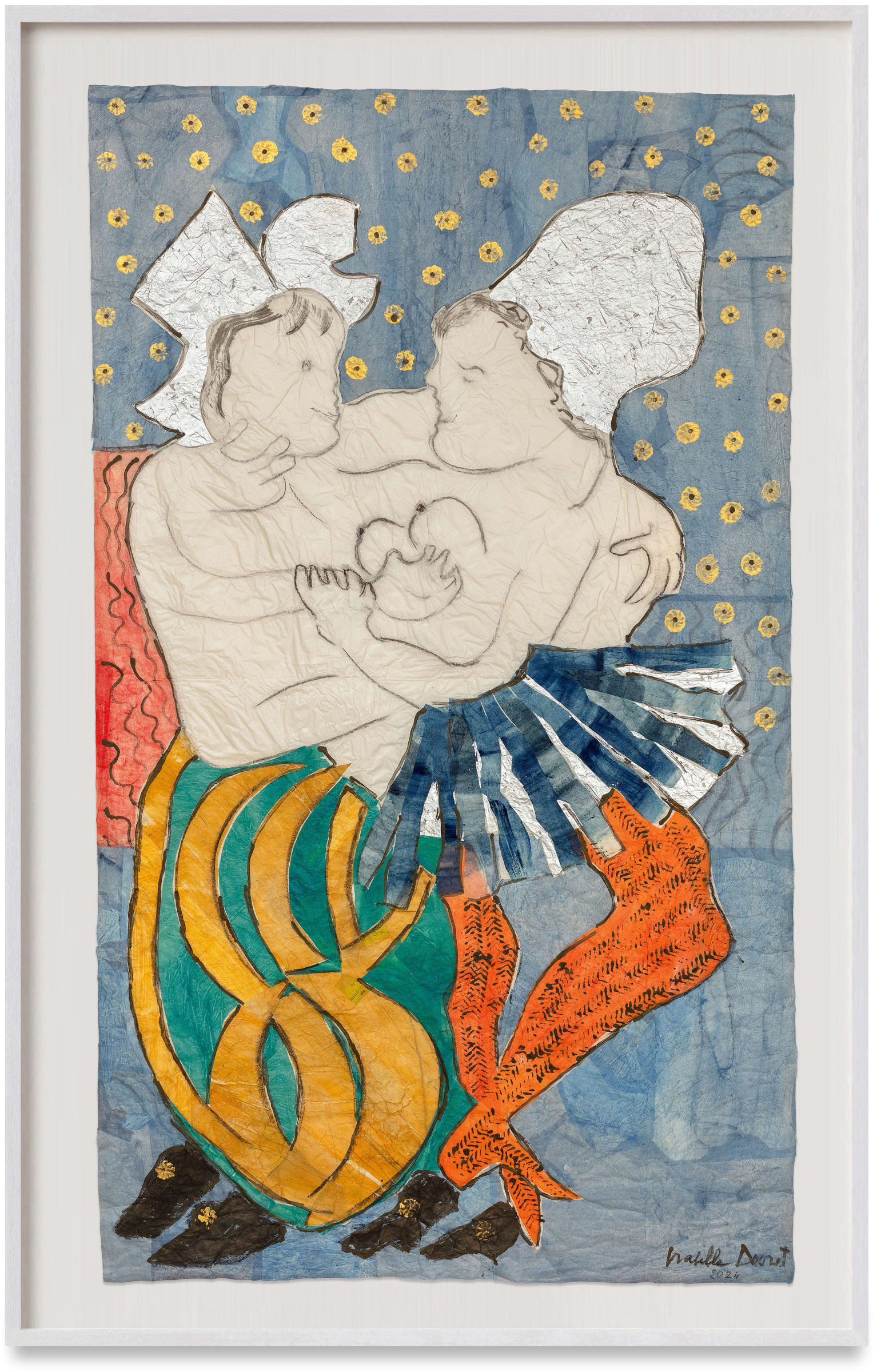 Isabella Ducrot Tendernesses I, 2024 Pastel, pigments, pencil, silver and collage on paper Signed and dated recto Paper dimensions: 166 x 98 cm / 65.4 x 38.6 inches Framed dimension: 179.8 x 110.1 cm / 70.8 x 43.4 inches