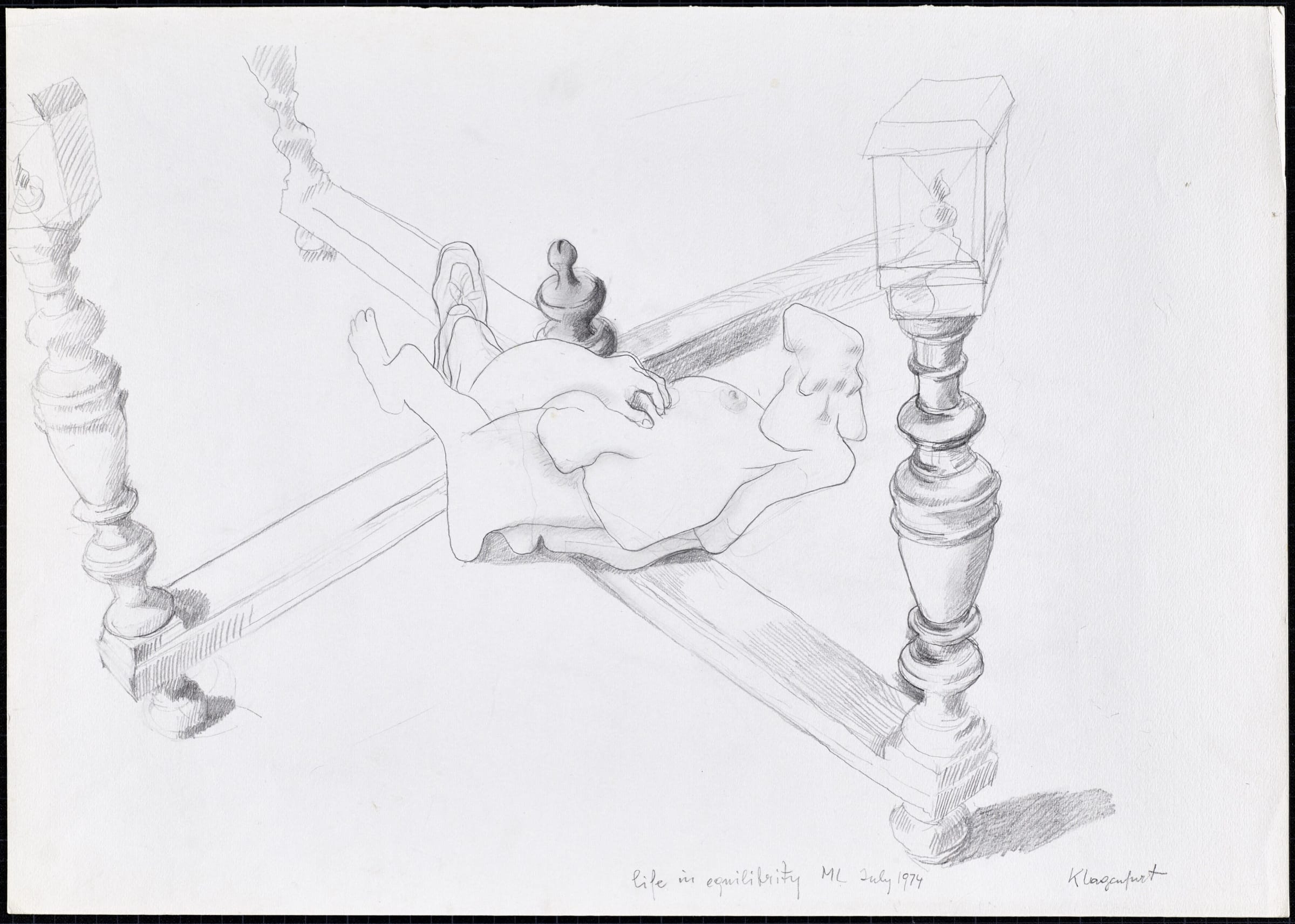 Maria Lassnig Life in equilibrity, 1974 Pencil on paper Image Dimensions: 43.5 x 61,5 cm 17.1 x 24.2 inches Framed Dimensions: 60 x 77 x 4 cm 23.6 x 30.3 x 1.6 inches