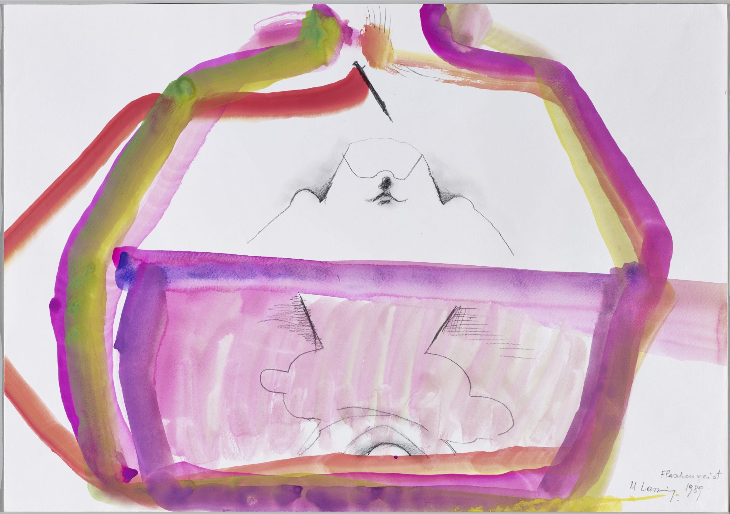 Maria Lassnig Flaschengeist, 1989 Pencil and watercolour on paper Image Dimensions: 42.9 x 61 cm 17 x 24 inches Framed Dimensions: 60 x 77 x 4 cm 23.6 x 30.3 x 1.6 inches