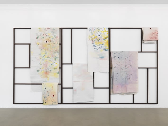 Diango Hernández Folded/Unfolded #1, 2013 Wooden frame, watercolour on table cloths 74.8 x 141.7 x 3.1 inches 190 x 360 x 8 cm