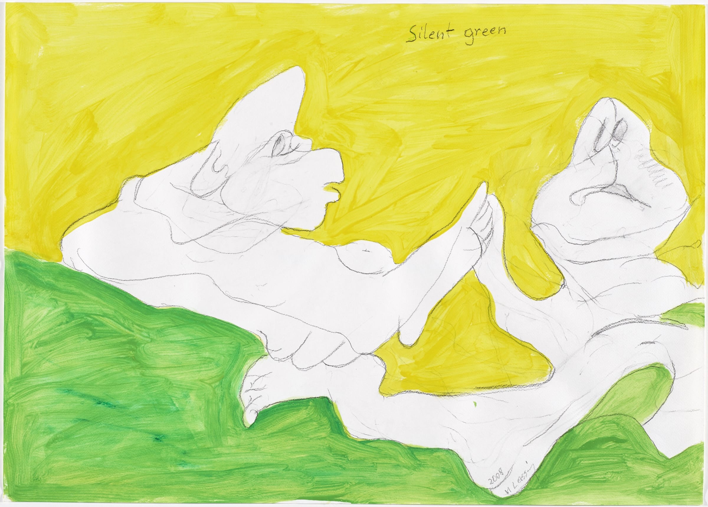 Maria Lassnig Silent green, 2008 Pencil and acrylic on paper Image Dimensions: 50.1 x 69.9 cm 19.7 x 27.5 inches Framed Dimensions: 66.8 x 85.5 x 4 cm 26.3 x 33.7 x 1.6 inches