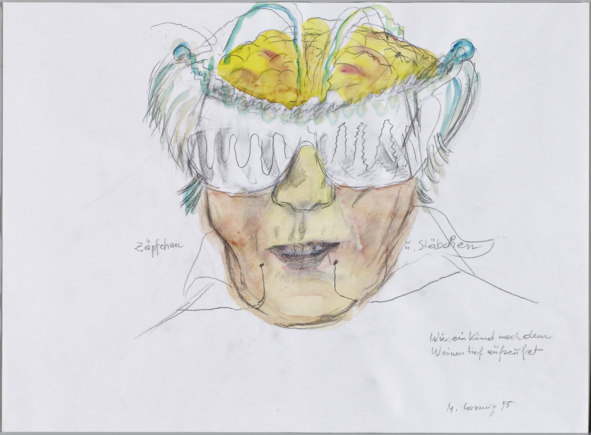 Maria Lassnig Zäpfchen und Stäbchen / Wie ein Kind nach dem Weinen tief aufseufzt, 1995 Pencil and watercolour on paper Image Dimensions: 44.2 x 59.9 cm 17.4 x 23.6 inches Framed Dimensions: 60 x 77 x 4 cm 23.6 x 30.3 x 1.6 inches