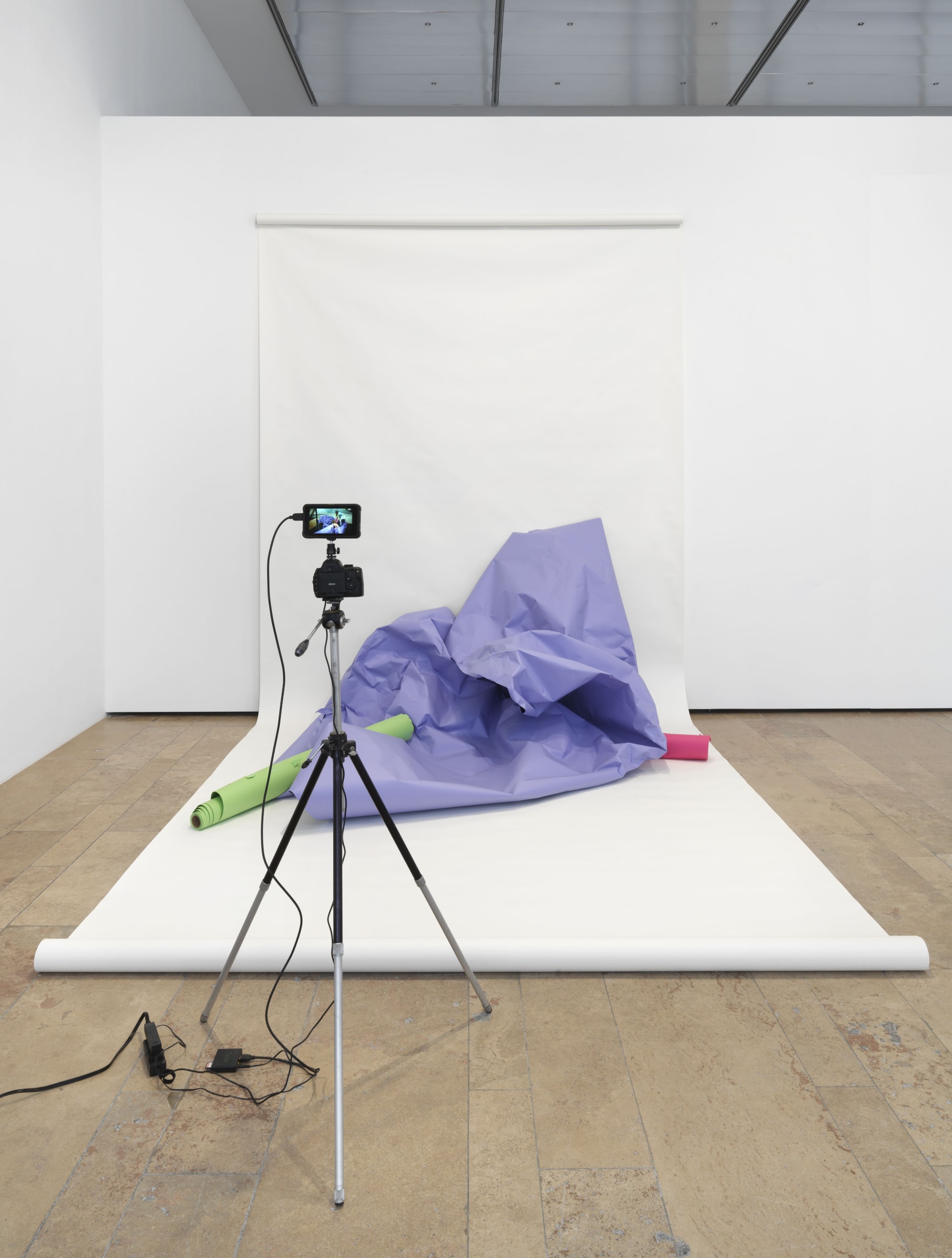 Barbara Bloom Deconstructed (Blow-Up), 2020 Seamless backdrop paper, tripod, camera, monitor with looped video Dimensions variable