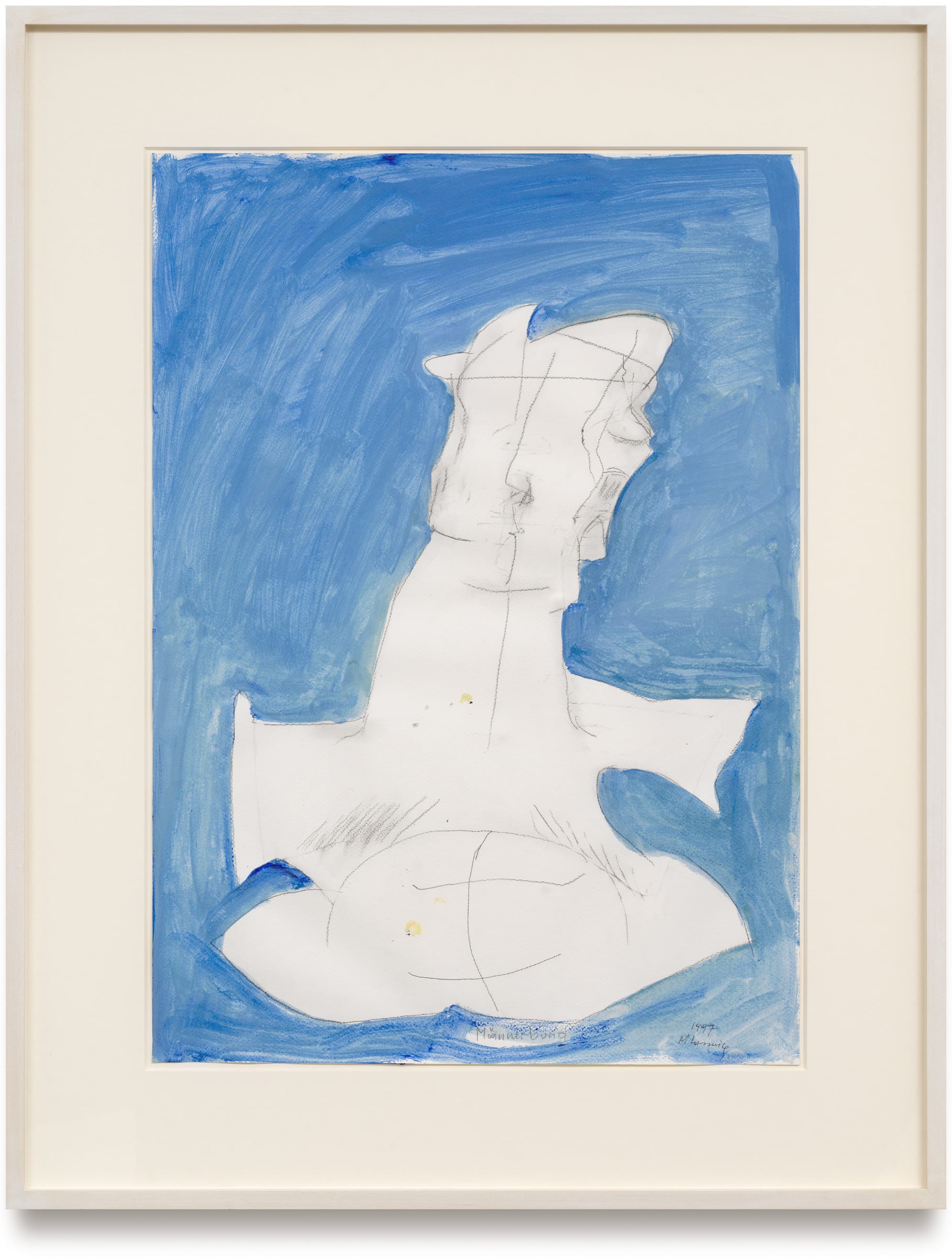 Maria Lassnig Männerbund (Men’s League), 1997 Pencil and acrylic on paper Signed, titled and dated recto Paper dimensions: 69.6 x 49.6 cm / 27.4 x 19.5 inches Framed dimensions: 91.8 x 71.7 cm / 36.1 x 28.2 inches